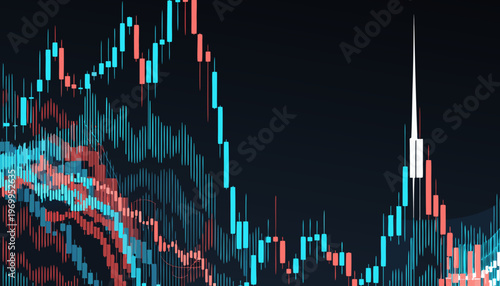A vector graphic illustration of a stock market chart with fluctuating blue and red bars on a dark background