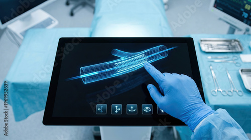 Focused doctor hand in blue surgical glove using futuristic tablet displaying glowing hologram of blood vessel artery and stent inside modern operating room with medical equipment