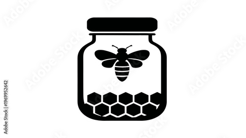 Silhouetted illustration of a jar, honey comb at the bottom and a bee in the middle