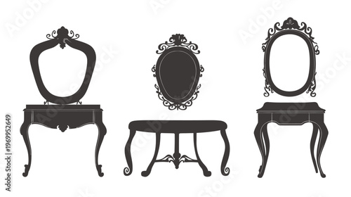 Silhouettes of elegant furniture, including mirrors and tables, against a white background