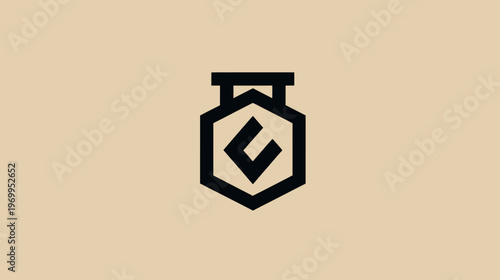 Minimalist black emblem featuring geometric shapes and an abstract "C" in a light brown background