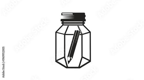 Black and white illustration A hexagonal glass jar with a screw top holding a pencil