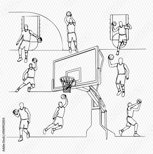 Basketball players in various poses and actions, illustrating different aspects of the game with a continuous line art style.