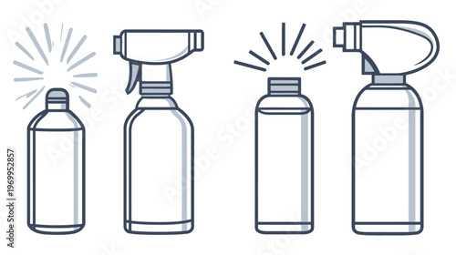 A vector illustration depicts four spray bottles with various nozzle types and activation states