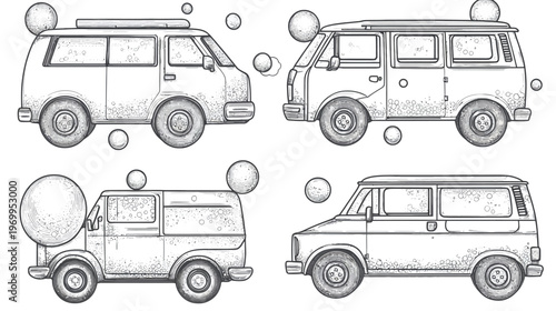 Four monochrome illustrations of camper vans with circular accents, possibly soap bubbles, on a white background