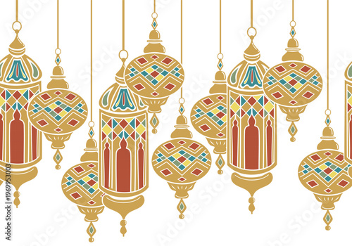 Turkish mosaic lamps with traditional ornament. Hand drawn vector seamless border flat. For fashion interior design, oriental coffee houses and dishware textile, holidays postcards banners clip arts.