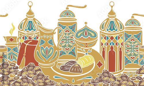 Turkish traditional dessert, coffee dishes grinder, mosaic lamp. Hand drawn vector seamless border. For cookbooks designs, oriental coffee houses and dishware, tableware textile, postcards banners.