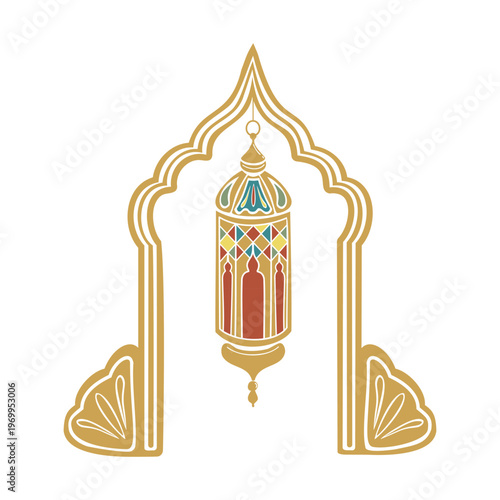 Turkish traditional mosaic lamp in golden arch. Hand drawn vector illustration flat. For interior designs magazines, oriental coffee house and parties, holidays, greeting cards banners clip arts.