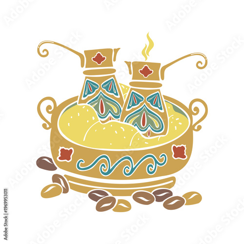 Turkish coffee brazier with sand, two cezve, roasted beans. Hand drawn vector illustration flat. For cookbooks designs magazines, oriental coffee houses and dishware, postcards banners clip arts.