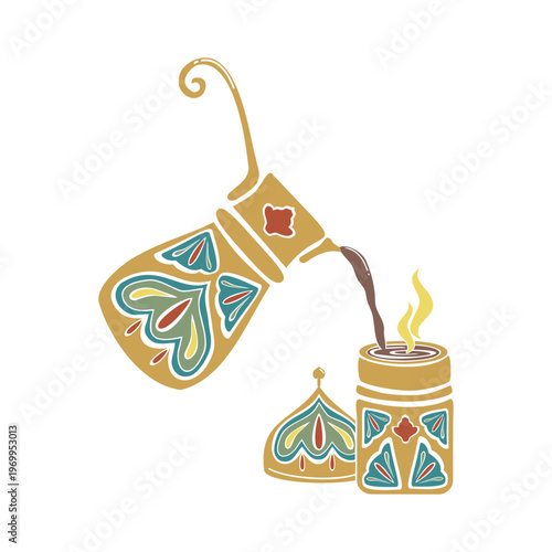 Turkish coffee cezve, traditional cup with cover ornamented. Hand drawn vector illustration flat. For cookbooks designs magazines, oriental coffee houses and dishware, postcards banners clip arts.