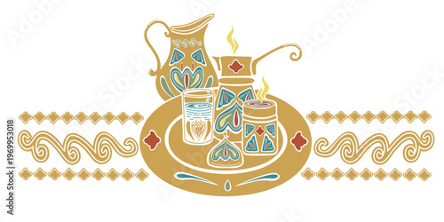 Turkish traditional coffee dishes, glass water, jar. Hand drawn vector illustration flat. For cookbooks designs, oriental coffee houses and dishware, tableware textile fabric, postcards banners.