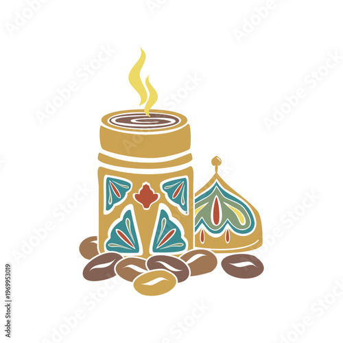 Turkish traditional coffee cup, roasted Arabica beans. Hand drawn vector illustration flat. For cookbooks designs magazines, oriental coffee houses and dishware, holidays postcards banners clip arts.