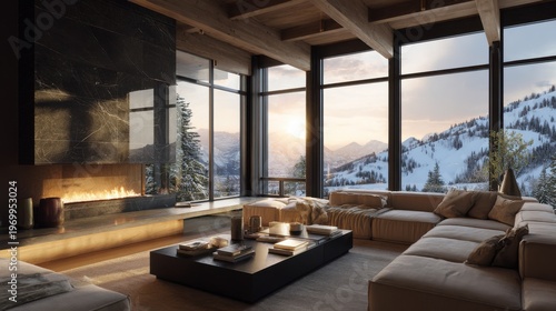 ultra-realistic wide-angle interior photography of an ultra-luxury modern mountain living room at golden hour, full panoramic view of the entire space
