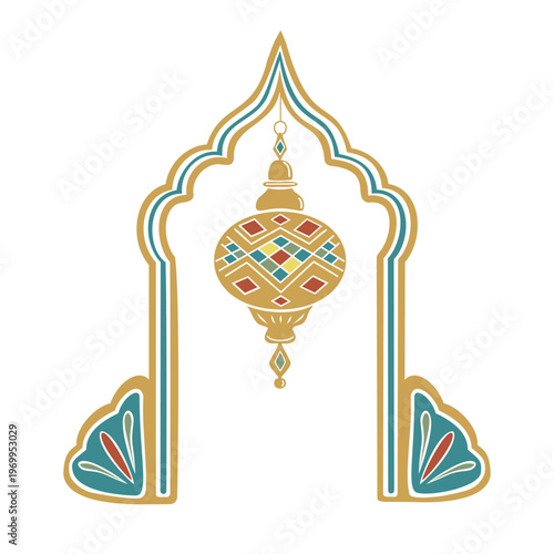 Turkish traditional mosaic lamp in colorful arch. Hand drawn vector illustration flat. For interior designs magazines, oriental coffee house and parties, holidays, greeting cards banners clip arts.