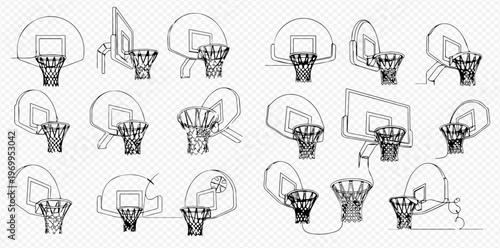 Set of Hand-Drawn Basketball Hoops and Backboards in Various Styles.