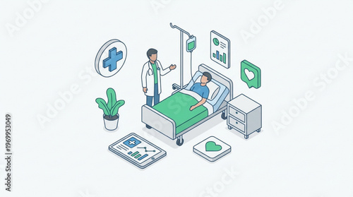 Doctor and patient in hospital room.