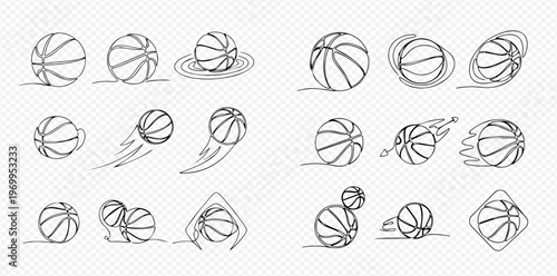Continuous line drawing of basketballs in various actions, including bouncing, spinning, and flying, illustrating dynamic movement and sports activity.