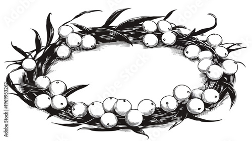 Monochrome illustration of a wreath, composed of leaves and spherical fruit encircling empty space