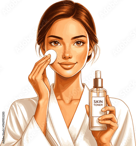 Isolated a realistic kinds of deferent woman in her 20s (with a clean and refined look) applies toner. vector art with white background.