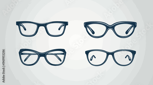 Four eye-wear silhouettes in a deep blue on a white and light grey gradient background