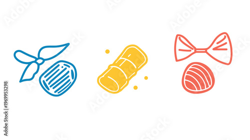Colorful, simple illustrations of various pasta shapes, including a bow tie and rolled pasta, on white background