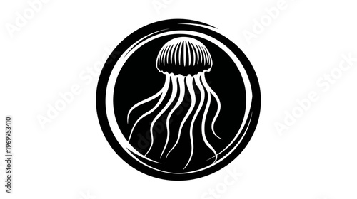 A simple, black and white illustration of a jellyfish inside a circle. Clean, minimalist design
