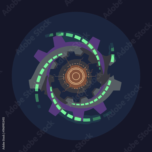 Glowing purple and green gear wheel with orange center