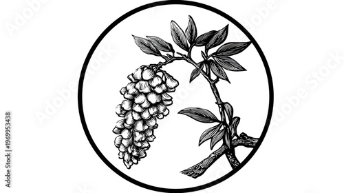 Artistic depiction of a grapevine and its leaves within a circular, bold frame