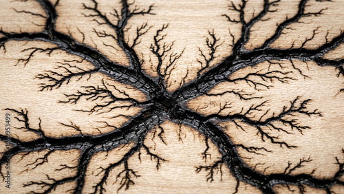 Lichtenberg figures fractal wood burning pattern on light oak.