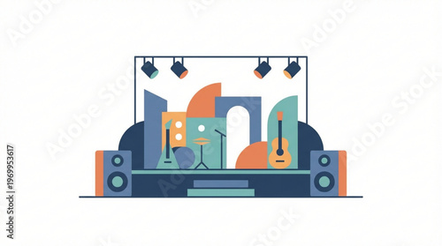 Colorful Stage With Musical Instruments Displayed.