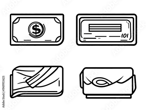 Black and white line art illustrations of financial symbols, bills, credit cards, and wallets