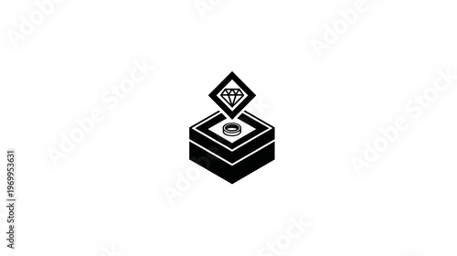A black and white graphic depicting a diamond within a square frame rising above a layered box, ring