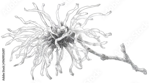 Artistic black and white illustration of a flowering plant on a branch with detailed lines and shading