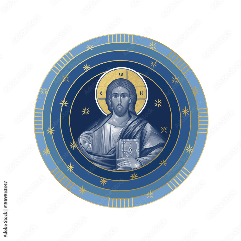 Fototapeta premium Jesus Christ. Starry sky round illustration in Byzantine style