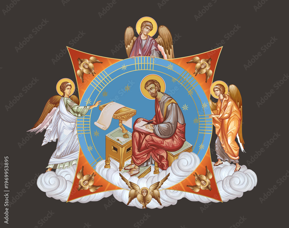 Fototapeta premium Apostle Luke. Illustration in Byzantine style with angels and seraphim