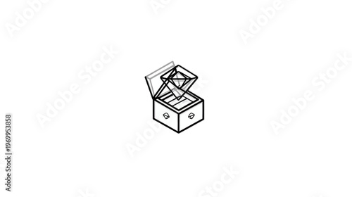 Line drawing of an open treasure chest with a geometric gemstone emerging