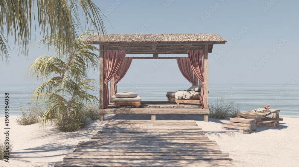 Fototapeta premium beach with cabana and tanning zone sea front no people no plants only potts 