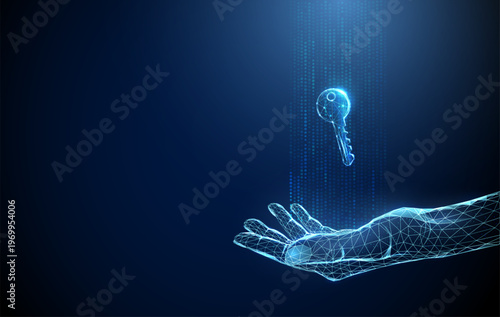 3d digital key above open palm within vertical data stream. Secure cloud access, digital identity management contactless authorization, cybersecurity infrastructure concept