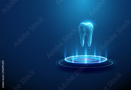 3d blue tooth on futuristic pedestal. Dental health, dentistry, oral care, medical treatment, hygiene, teeth protection, modern medical technology concept