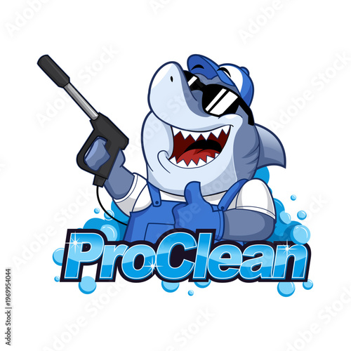 Cool Shark Mascot Logo Holding Pressure Washer Gun for Professional Cleaning Service