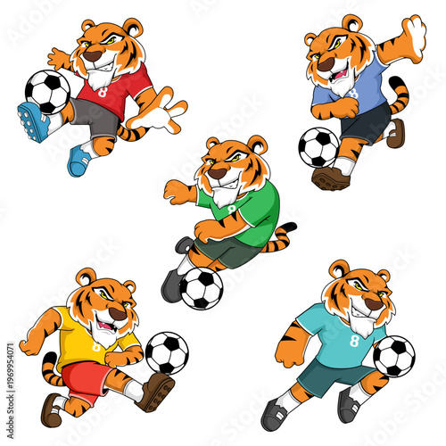 Vector Illustration Set of Soccer Tiger Mascot Character Poses