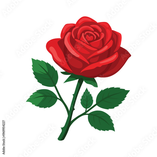 Red rose vector illustration with detailed petals and green leaves, isolated on white. Clean, modern floral graphic perfect for Valentine’s Day, wedding invitations, romance themes, branding, and prin