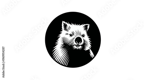 A white wombat in a black circle. The art style is a detailed woodcut or engraving