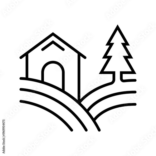 Vineyard landscape icon. Agriculture and viticulture line symbol. Black and white.