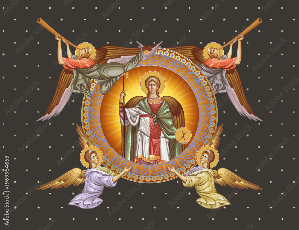 Fototapeta premium Archangel Michael. Decorative vintage illustration with angels in Byzantine style