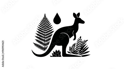 A black silhouette of a kangaroo with plants and a drop against a white background