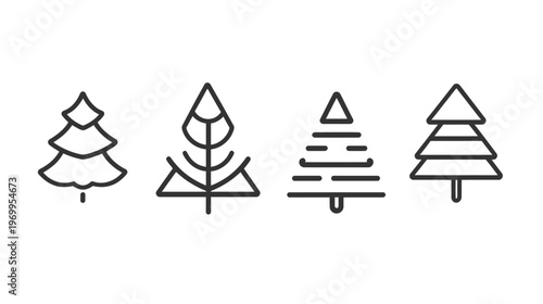 Four stylized line art illustrations of conifer trees. Each design is unique with minimalist outline