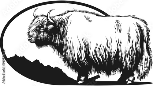 Stylized monochrome illustration of a shaggy, horned animal in profile, set against mountains