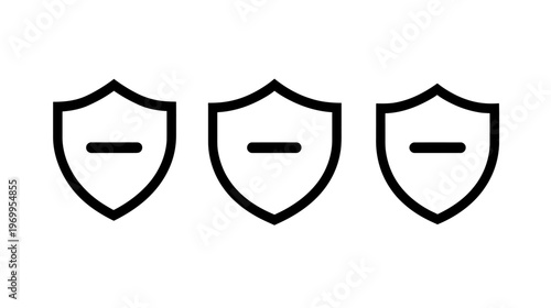 Three minimalist black shield icons with a horizontal minus sign on a white background