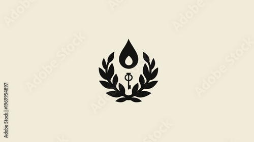 A simple, black emblem of a key in a laurel wreath beneath a teardrop shape